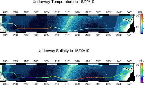 Underway surface salinity and water temperature West to East across the Atlantic Bahamas to Canarias