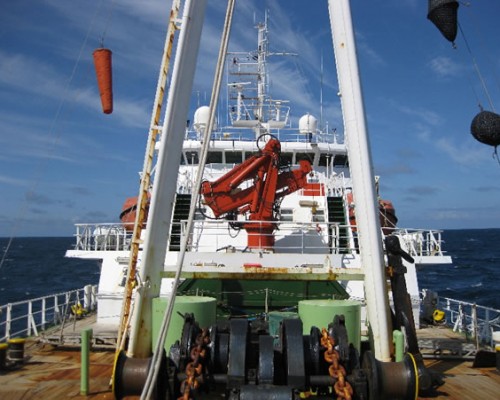 From the front deck of the "old" RRS Discovery looking aft.